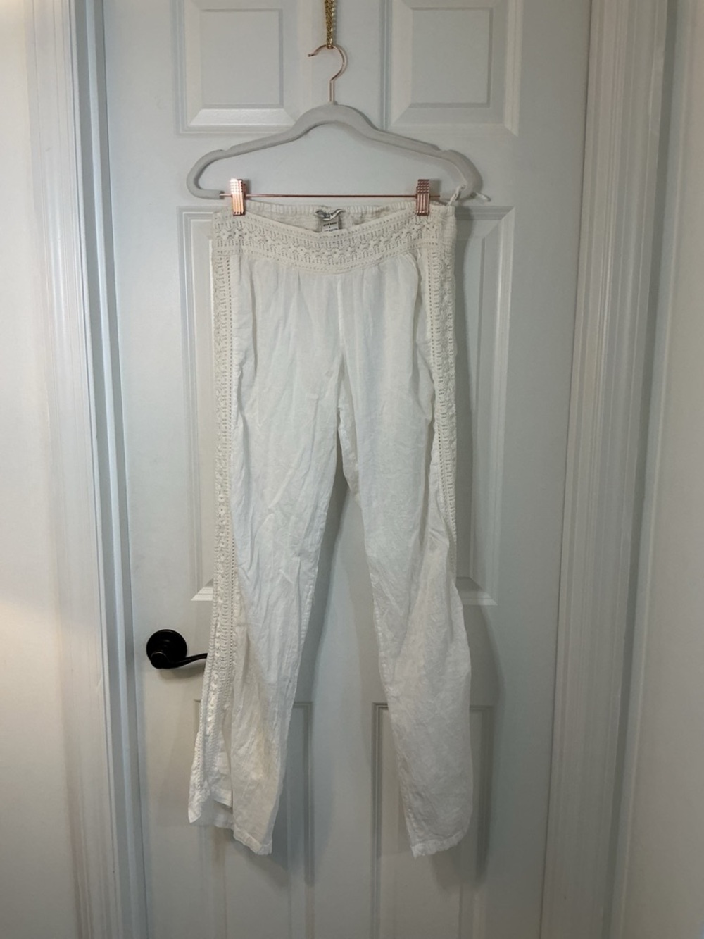 White Linen Wide Leg Pants | Boho Luxe Lace Trim | High Waist Resort 💕 - Picture 2 of 7